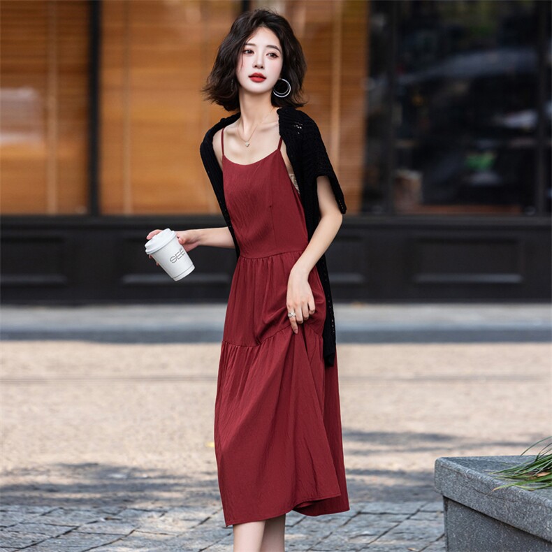 现货新款2025入秋新品针织衫吊带连衣裙套装显瘦女人味百搭裙,女装套装/套裙,意芙
