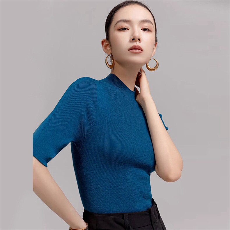 女士时尚显瘦百搭无缝一体针织五分袖,女装T恤,旭友羊绒