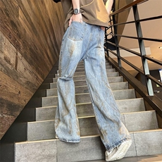 美式高街vibe磨破做旧宽松长裤男废土风扎染牛仔裤子K9244-P48，男装牛仔裤，星座1008