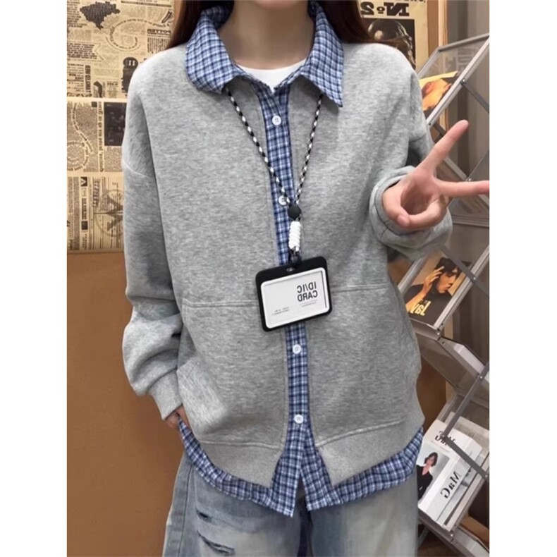 藏青色假两件开衫卫衣男女款韩系早秋穿搭衬衫格纹拼接长袖polo衫,男装休闲套装,星座1116A（原606A-3）