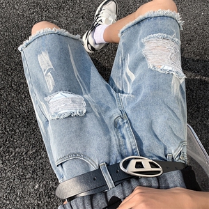 现货 夏季宽松直筒设计感扎染毛边五分破洞黑色牛仔短裤 K51-P35图片