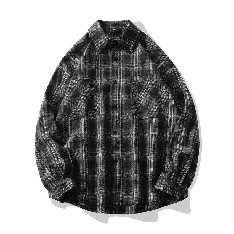 大货新品春秋格子长袖男士衬衫休闲日系港风衬衣CS7218P35控58,男装衬衫,电商B413-1