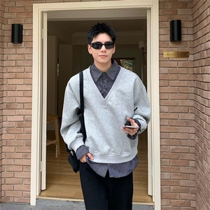 秋冬假两件衬衫领卫衣男韩系时尚上衣潮男宽松百搭套头衣服