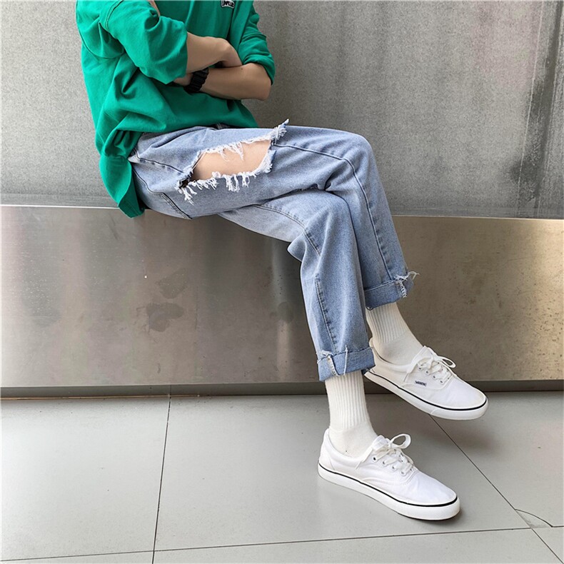 毛边大破洞裤宽松九分裤韩版潮流刮烂牛仔裤休闲乞丐裤N图片
