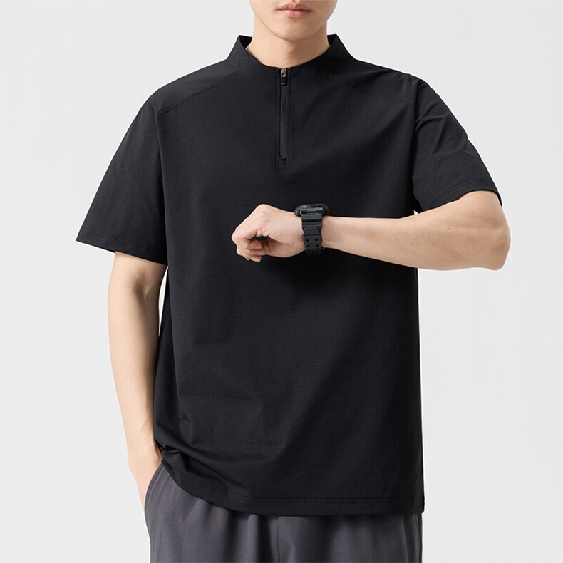 T835夏季男士圆领纯色速干运动半拉链短袖T恤P42无影白墙黑色，男装T恤，星座1615-1