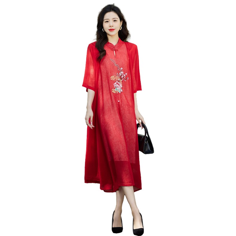 连衣裙2023年夏季纯色时尚简约个性百搭潮流中长款风刺绣,女装连衣裙,贵人树