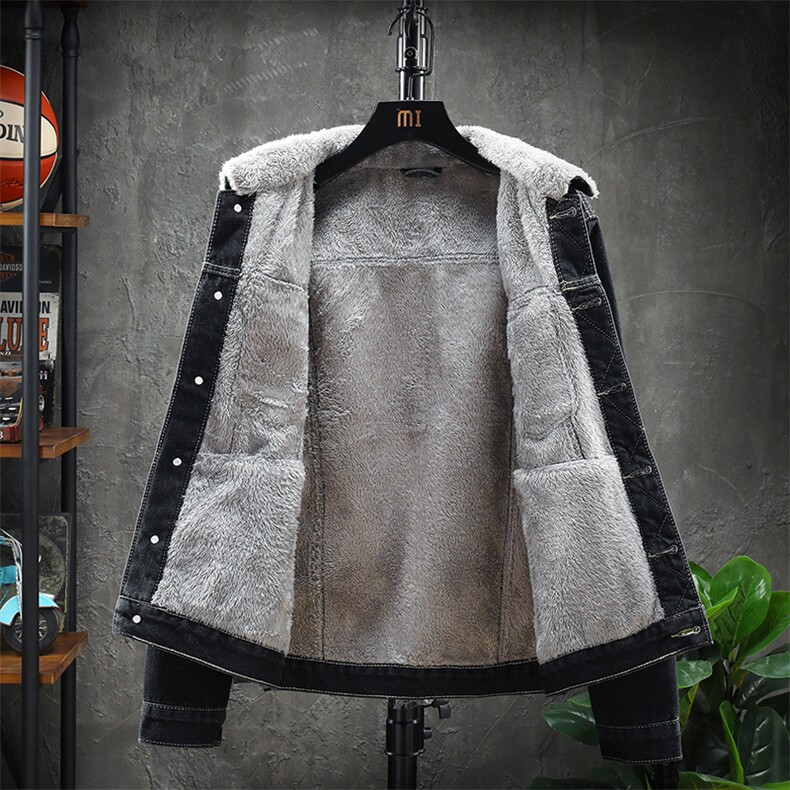 秋冬季加绒牛仔外套男士修身加厚青年夹克棉服上衣黑色潮8135,男装夹克,电商A318
