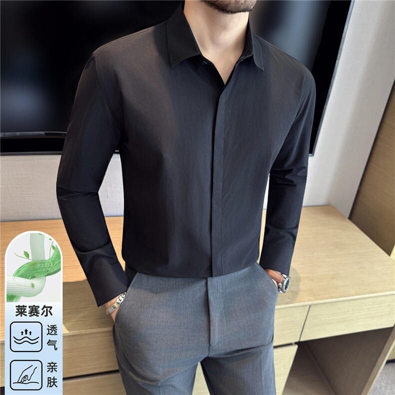 高品质面料莱赛尔棉高档长袖衬衫男精品打底衬衣黑色C9912-P68图片