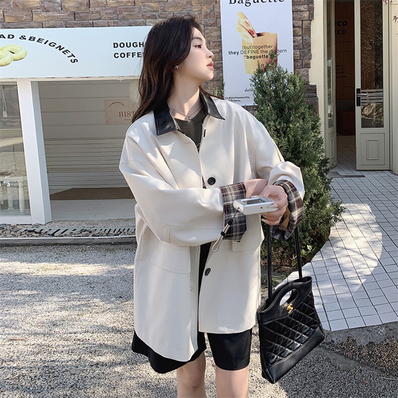 撞色卡其色格子风衣外套女2025春秋新款韩系小个子高级感翻领大衣,女装风衣,2C127