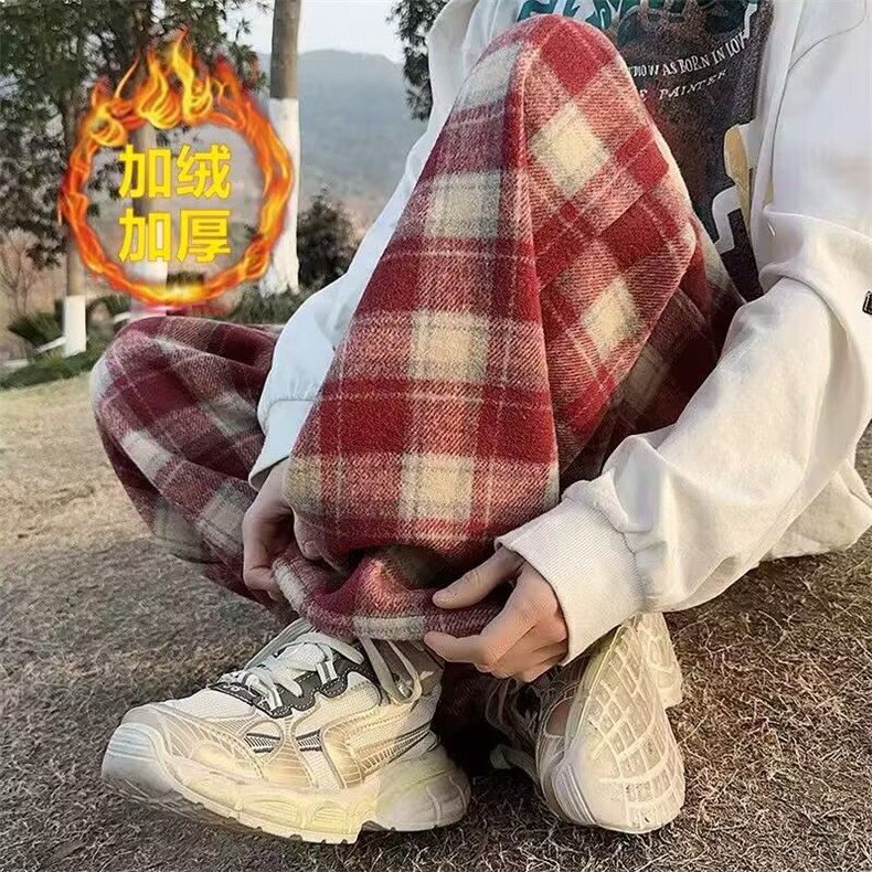 毛呢格子裤男秋冬加绒潮复古宽松直筒裤垂感阔腿保暖休闲长裤卫裤,男装休闲裤,星座302B-2