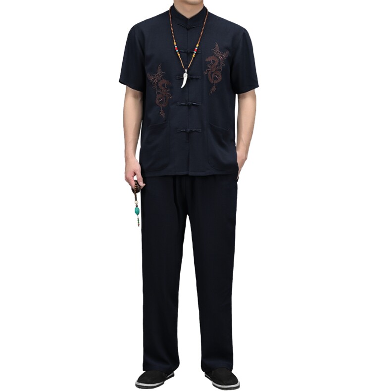 风高品质刺绣唐装男装夏季中老年人棉麻中式汉服爸爸套装,男装休闲套装,钱塘6003（原4033）