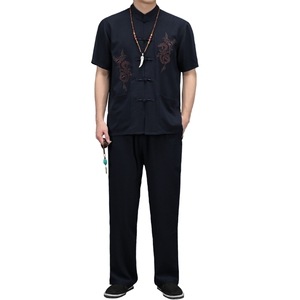风高品质刺绣唐装男装夏季中老年人棉麻中式汉服爸爸套装图片