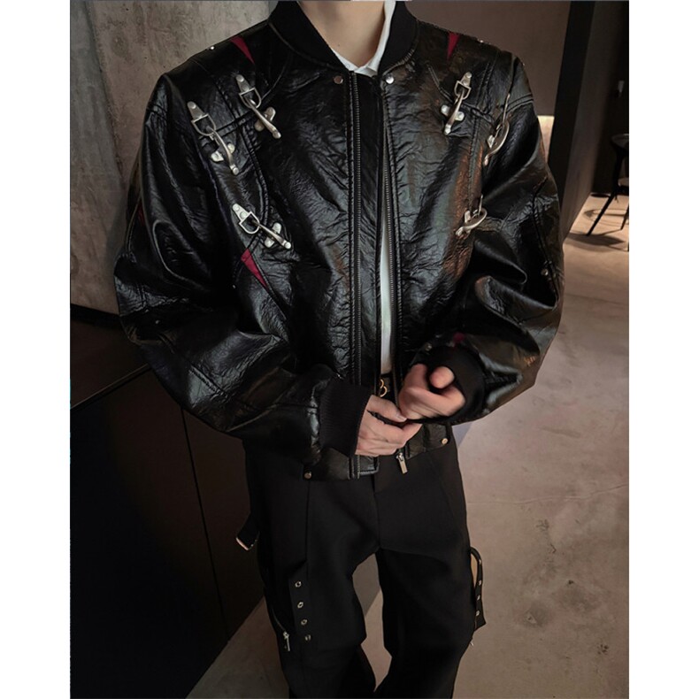 25秋冬pu撞色拼接金属飞机扣短款解构机车夹克外套JK116-P218,男装夹克,电商B288