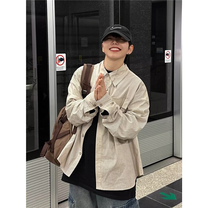 7028新款潮流条纹长袖衬衫男款新款男生日系休闲衬衣外套百搭,男装衬衫,星座308A-1（原309B-1）