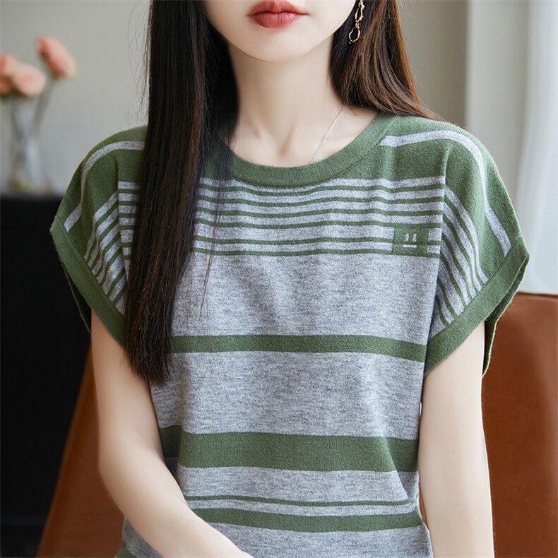 条纹冰丝短袖T恤女夏季2025新款宽松薄款大码女装上衣服爆款女装,女装T恤,斯美雅电商供货