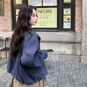 休闲宽松蓝色毛呢外套女秋冬2025新款小个子独特漂亮流行大衣图片