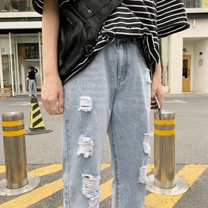 港风破洞牛仔裤男士潮牌九分宽松直筒韩版潮流ins乞丐裤921图片