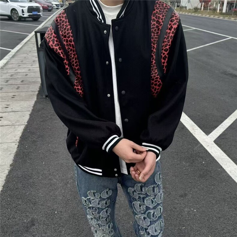 春秋季网红潮牌拼接豹纹棒球社会夹克宽松外套潮百搭上衣男女同款图片