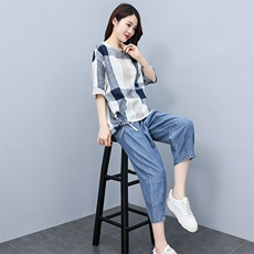 2023夏季棉麻格子时尚简约大方气质优雅休闲透气两件套，女装套装/套裙，独衣靓