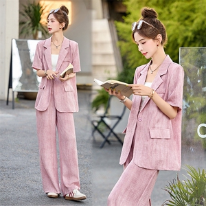 时尚套装女2025夏季新款韩版宽松显瘦短袖西装外套阔腿裤两件套潮图片