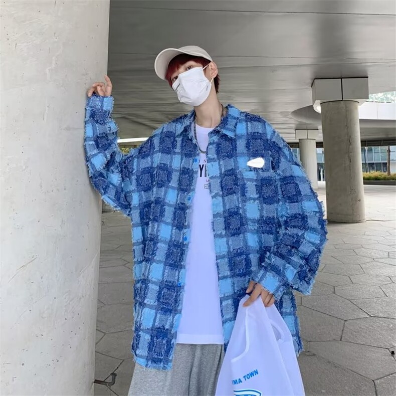 棋盘格子磨毛衬衫男长袖2024新款韩系穿搭高级感衬衣秋季外套C019，男装衬衫，星座601-2