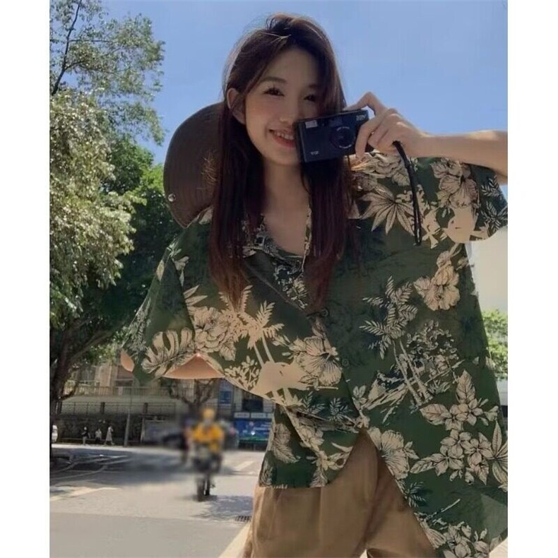 复古港味宽松碎花五分袖衬衫夏威夷沙滩衬衫设计感情侣CSS99P25，女装衬衫，电商D256-2(原A064-2)