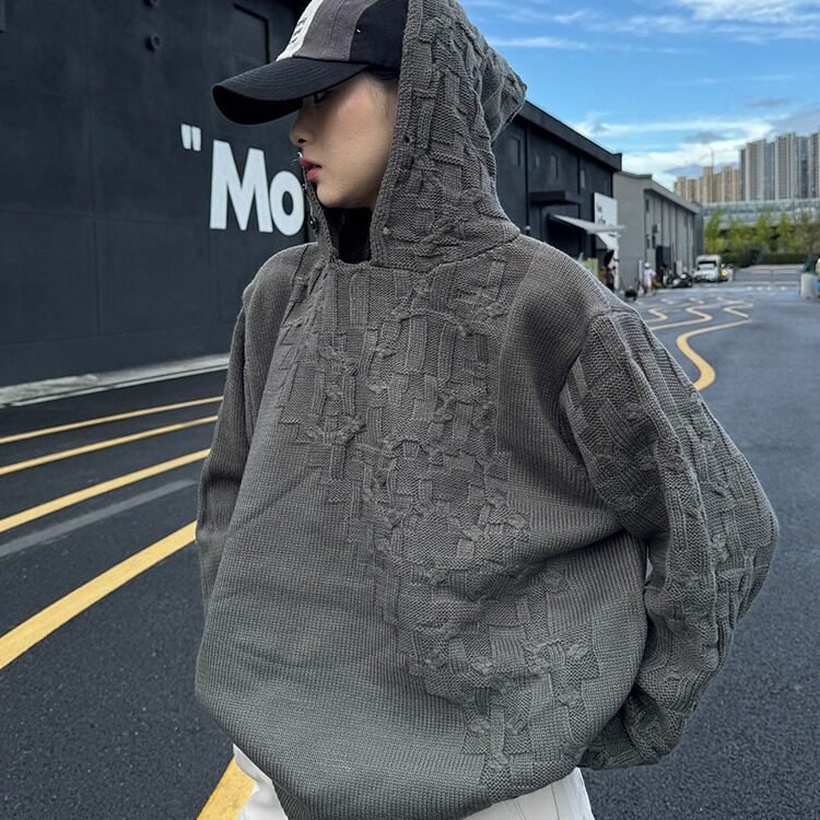W8394-P58 网络图 高品质设计款百搭纯色连帽毛衣宽松针织衫外套图片