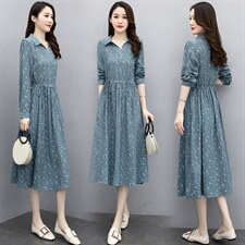 2021春季新款简约时尚优雅复古印花中长款棉麻连衣裙，女装连衣裙，香水丽阁