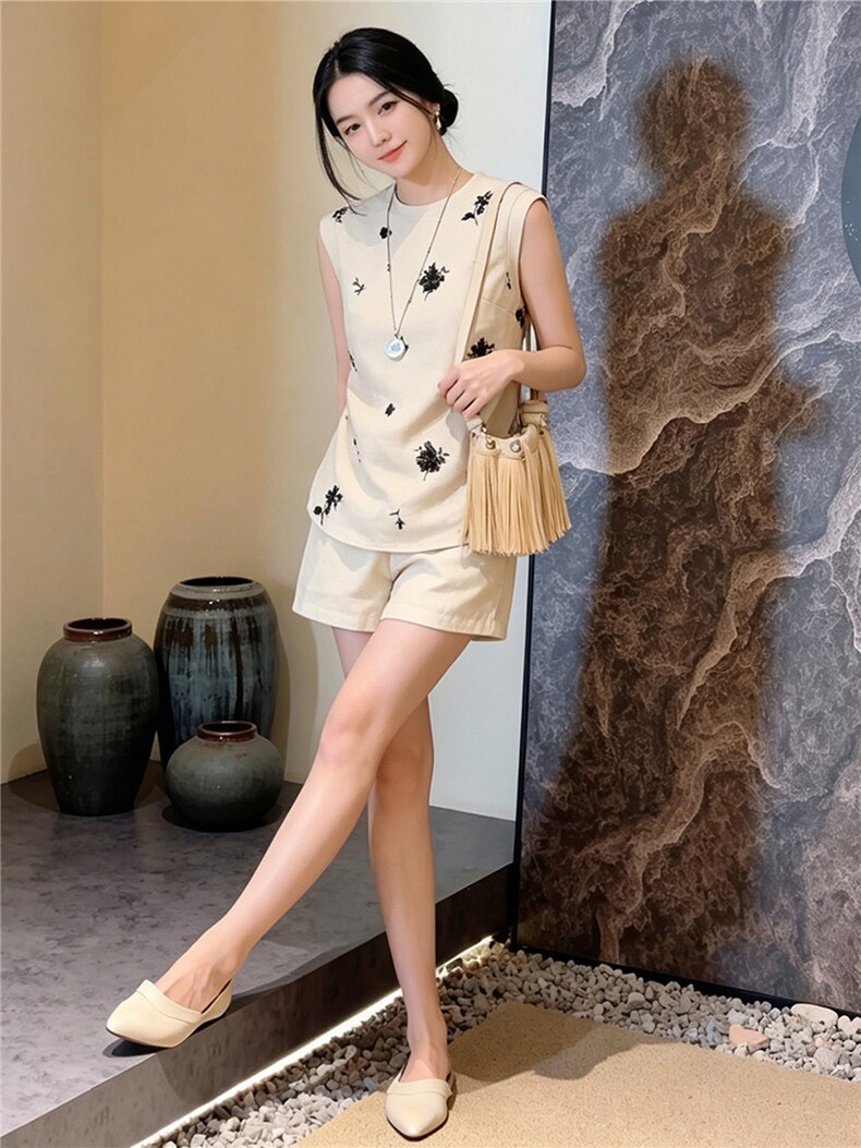 欧货运动休闲套装女夏季新款修身显瘦圆领无袖上衣阔腿短裤两件套,女装套装/套裙,江南