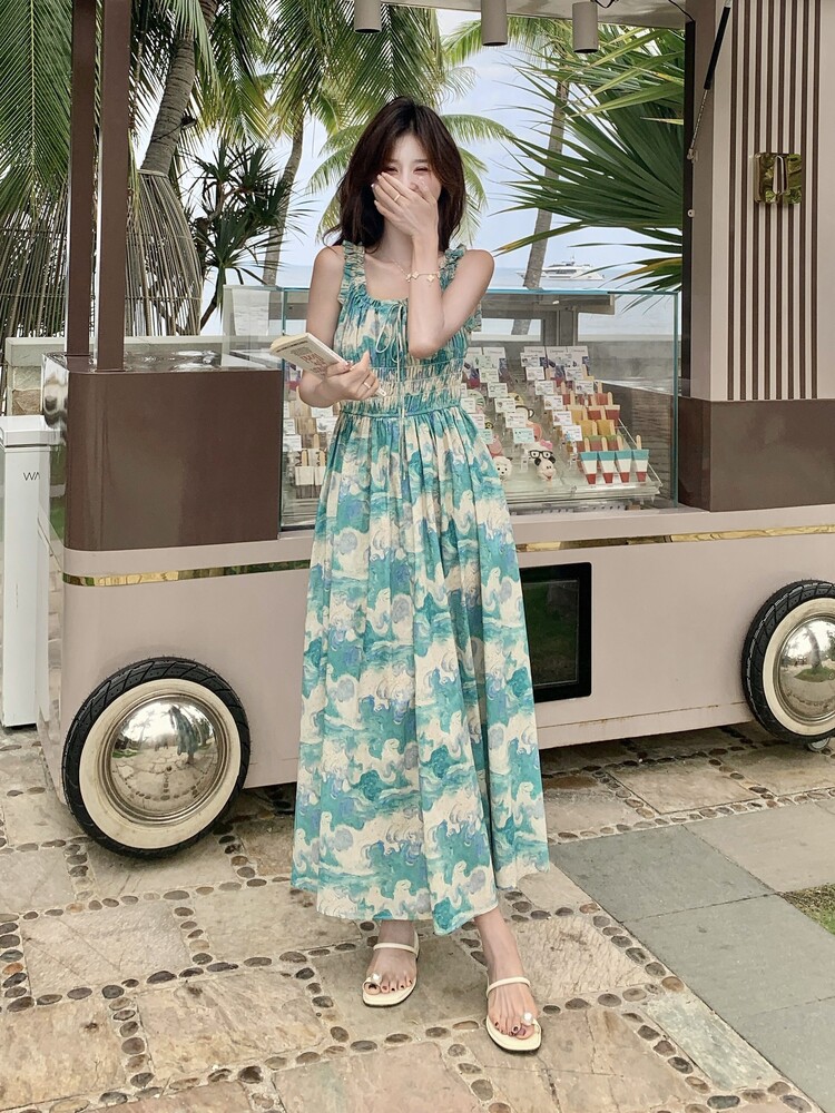 超仙浪漫油画无袖吊带裙女夏季新款度假风森系绝美小个子连衣裙,女装连衣裙,浙宝210（原浙宝191）