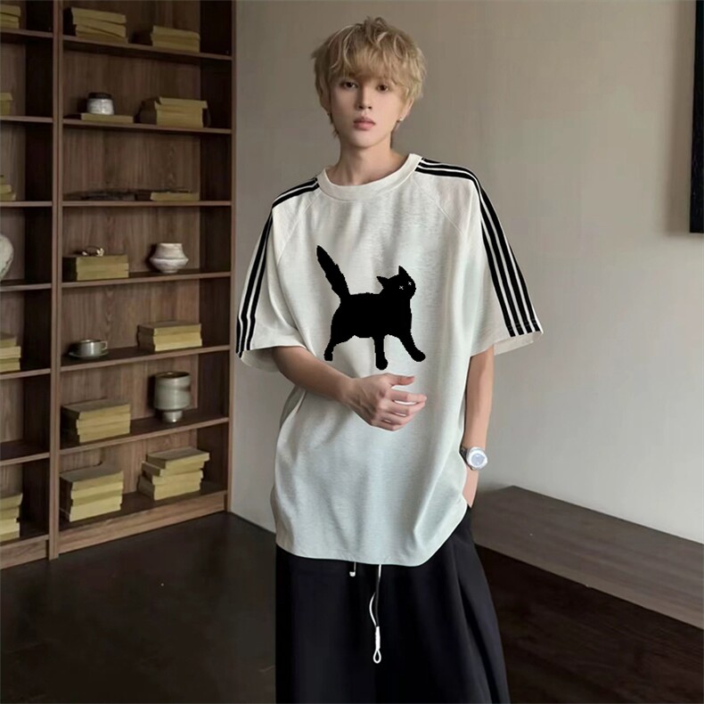 抖音得物品质二开240克宽松纯棉美式潮牌印花三条杠中性风短袖T恤,男装T恤,电商A486-1