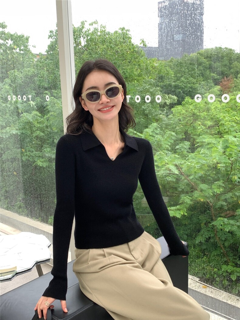 2025年夏季针织半开领常规款套头单件长袖落肩袖针织衫纯色时尚,针织衫/毛衣,玛卡隆羊绒