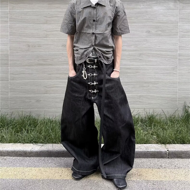 港风秋款男牛仔裤金属单排扣阔腿宽松长裤NK7045P58，男装牛仔裤，星座1013-1