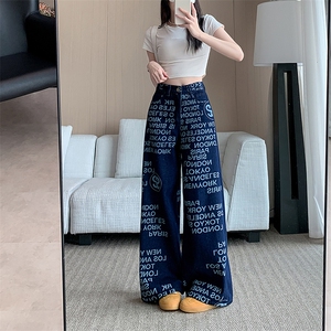 AK2334-P55美式复古字母印花牛仔裤女新款高腰显瘦宽松阔腿裤长裤图片