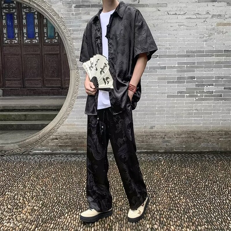新中式风短袖衬衫套装男冰丝裤子中山男装搭配一套G60,男装衬衫,星座1116A-1（原606A）