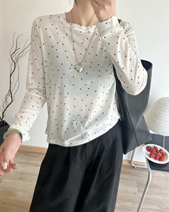 春秋波点精纺羊毛针织长袖T恤女显瘦内搭超薄打底衫微透罩衫上衣图片