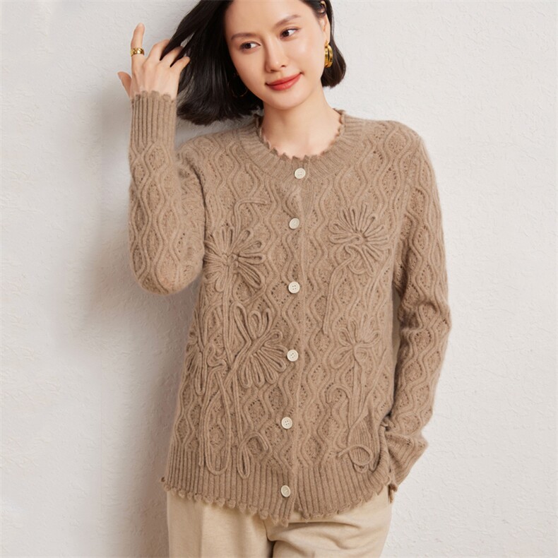优雅女士手工绣花镂空羊绒开衫时尚百搭显瘦长袖针织外套,女装羊绒衫,臻维羊绒