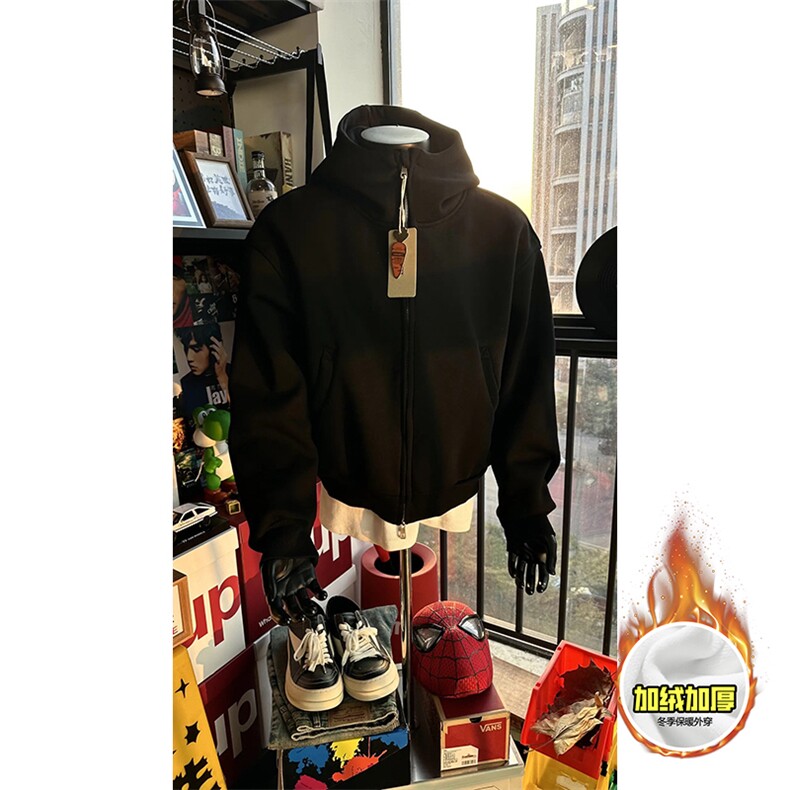 480G重磅加绒硬挺boxy男女秋冬美式高街防风高领卫衣开衫厚外套，女装短外套，电商A486