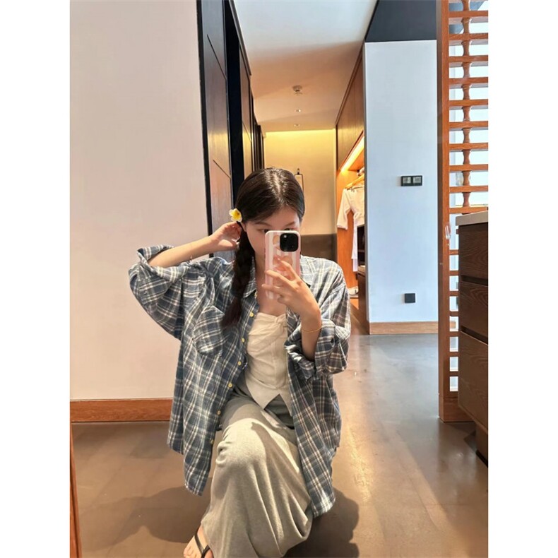 TC766-P45蓝色格子衬衫女春夏外套24新款韩系松弛感穿搭宽松上衣,男装衬衫,星座617A-2