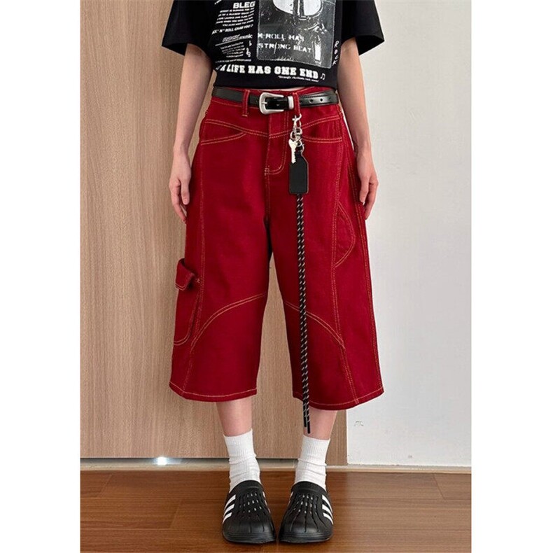 复古红色弯刀牛仔裤男女夏季宽松bf慵懒风休闲百搭七分裤D6723,男装牛仔裤,星座1116A（原606A-3）