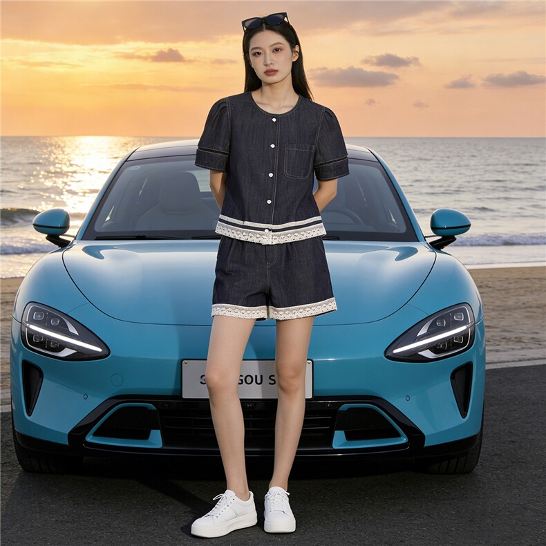 慵懒风时尚减龄套装女夏新款圆领花边设计短袖上衣阔腿短裤两件套,女装套装/套裙,江南