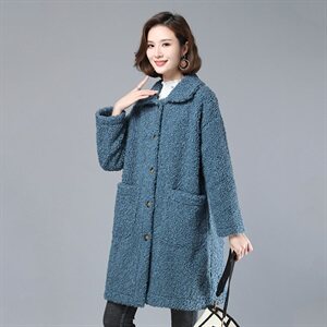 2020新款时尚女装长款翻领仿羊羔毛外套 保暖显瘦大衣,女装羊羔毛/颗粒绒,叶笙衣