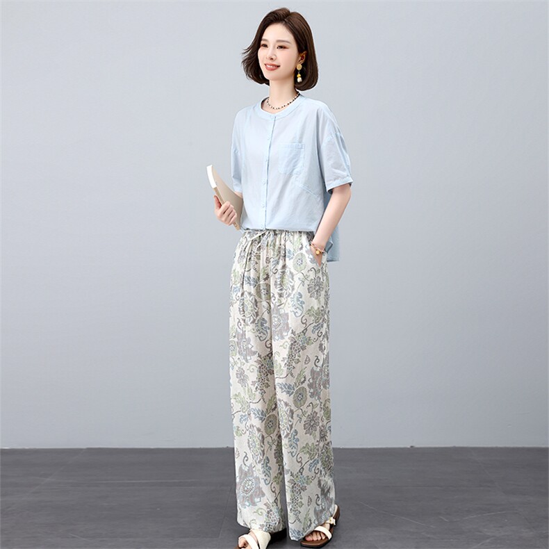 叶笙衣套装2537-151宽松纯色棉上衣复古印花裤套装,女装套装/套裙,叶笙衣