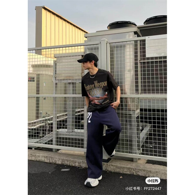 1014-1KZ21P42美式多巴胺字母印花松紧腰阔腿裤男休闲直筒卫裤,男装休闲裤,星座1014-1