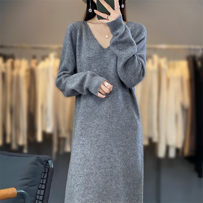24秋冬新款V领羊毛衫女中长款气质显瘦针织毛衣连衣裙,女装连衣裙,蒙莲贝斯