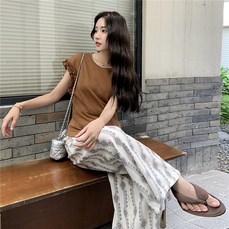 时髦木耳边拼接开叉T恤两件套女2025韩系简约印花直筒阔腿裤套装,女装套装/套裙,秋水欣儿