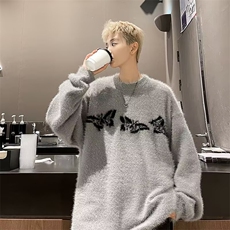 美式小众复古蝴蝶提花毛衣男秋冬季慵懒软糯宽松圆领针织衫M5716，男装针织衫/毛衣，星座506