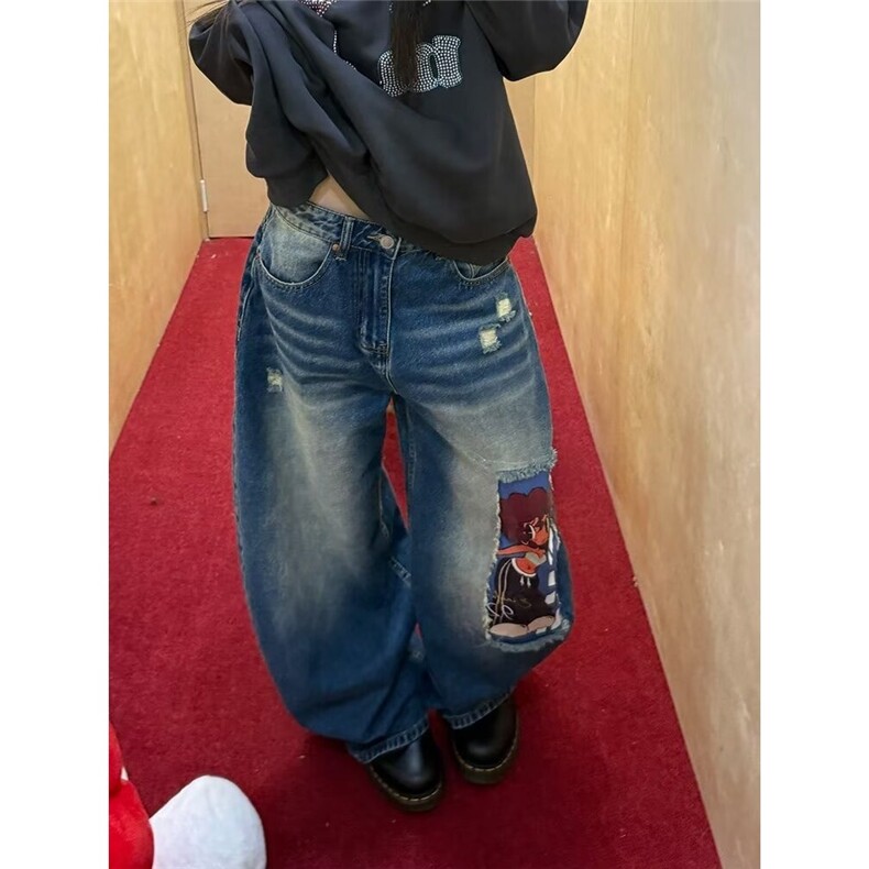 个性破洞水洗蓝色牛仔裤女夏新款高腰宽松显瘦百搭直筒阔腿拖地裤，男装牛仔裤，星座1210-1