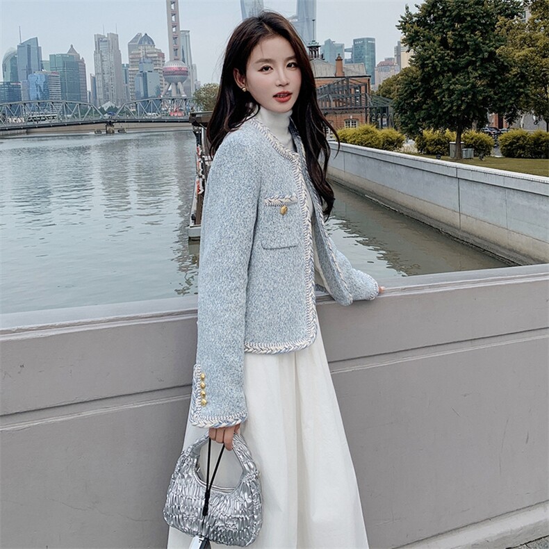 韩系蓝色粗花呢小香风外套女秋2024新款小个子高级感气质短款上衣图片