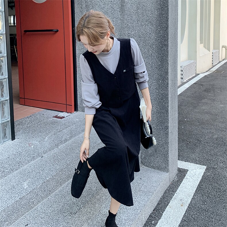 黑色法式假两件拼接连衣裙女2025秋季新款气质显瘦轻熟风a字长裙,女装连衣裙,2D112